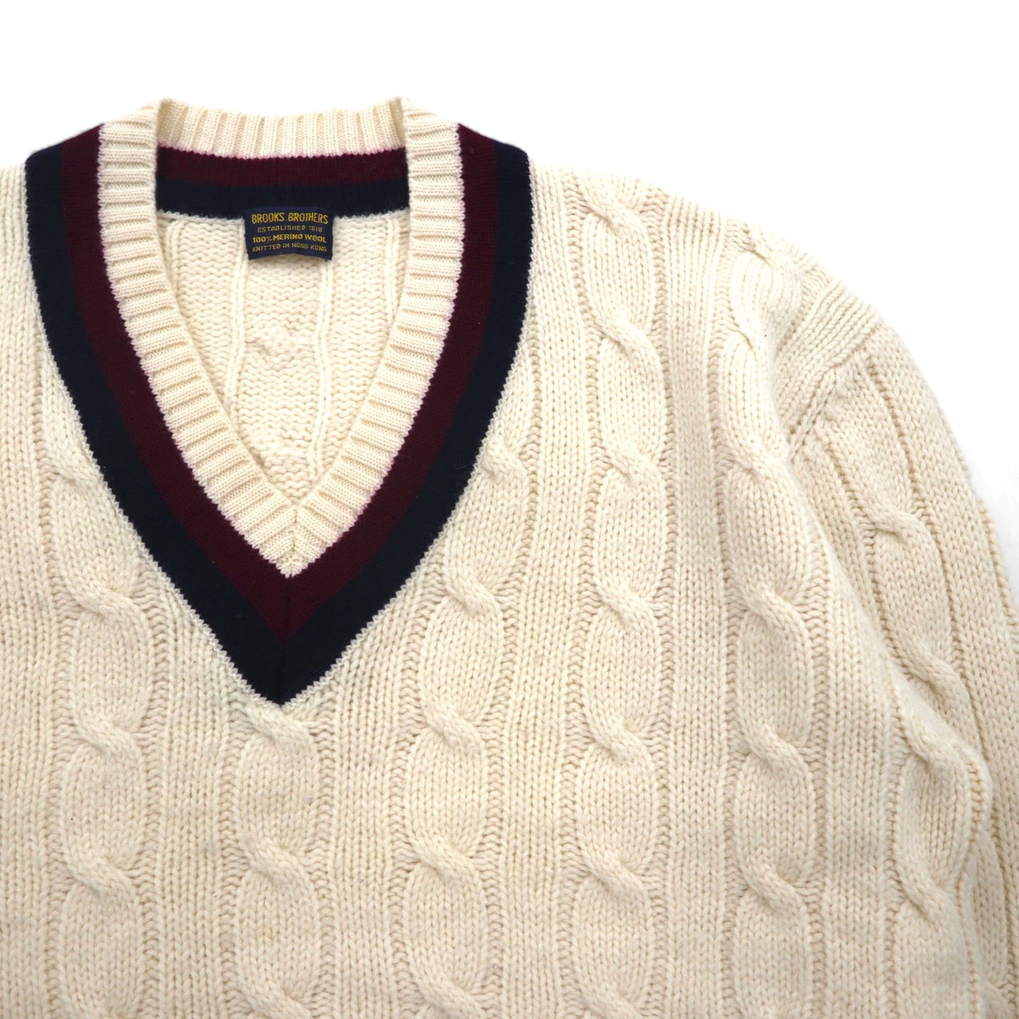 Brooks Brothers 90s Childen Knit V-Neck Sweater, Size XL, Off-White Merino Wool Cable Knit