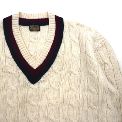 Brooks Brothers 90s Childen Knit V-Neck Sweater, Size XL, Off-White Merino Wool Cable Knit