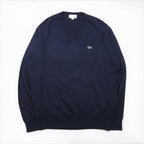 LACOSTE Vネック ニット セーター XL ネイビー ウール ワンポイント 刺繍 F70736