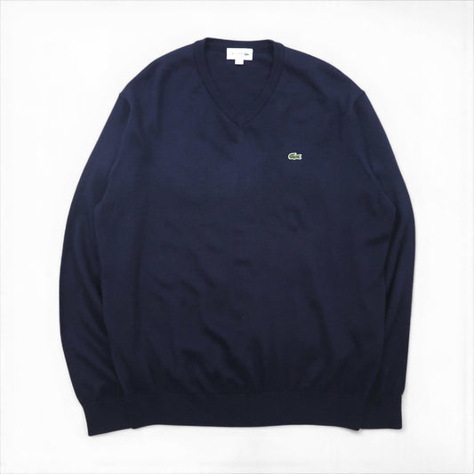LACOSTE Vネック ニット セーター XL ネイビー ウール ワンポイント 刺繍 F70736
