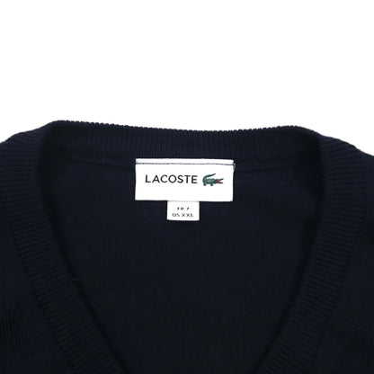 LACOSTE V-neck knit sweater, XL, navy wool with embroidery, F70736