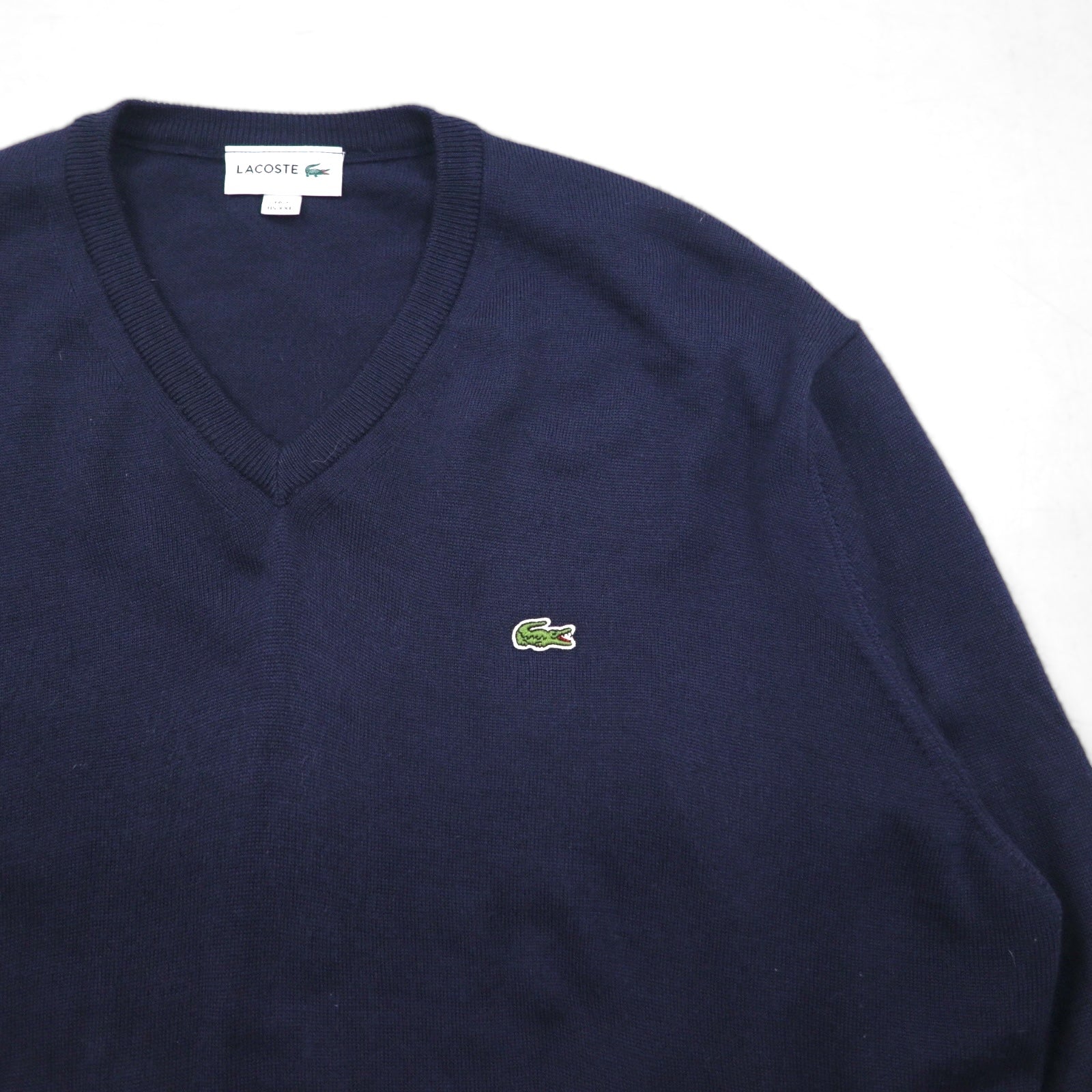 LACOSTE V-neck knit sweater, XL, navy wool with embroidery, F70736