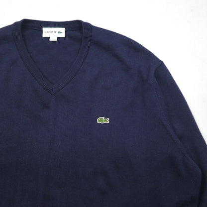 LACOSTE V-neck knit sweater, XL, navy wool with embroidery, F70736