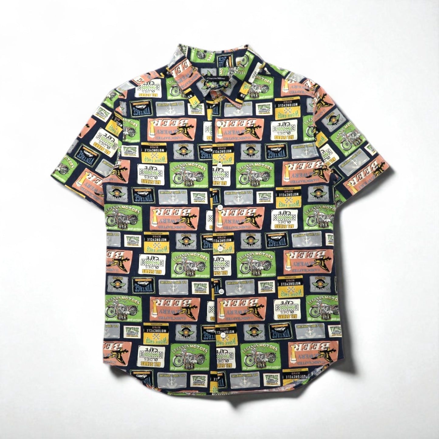 Garcon Wave 90s Retro American Short Sleeve Shirt, Size L, Multicolor, All-Over Print, Cotton, Made in Japan