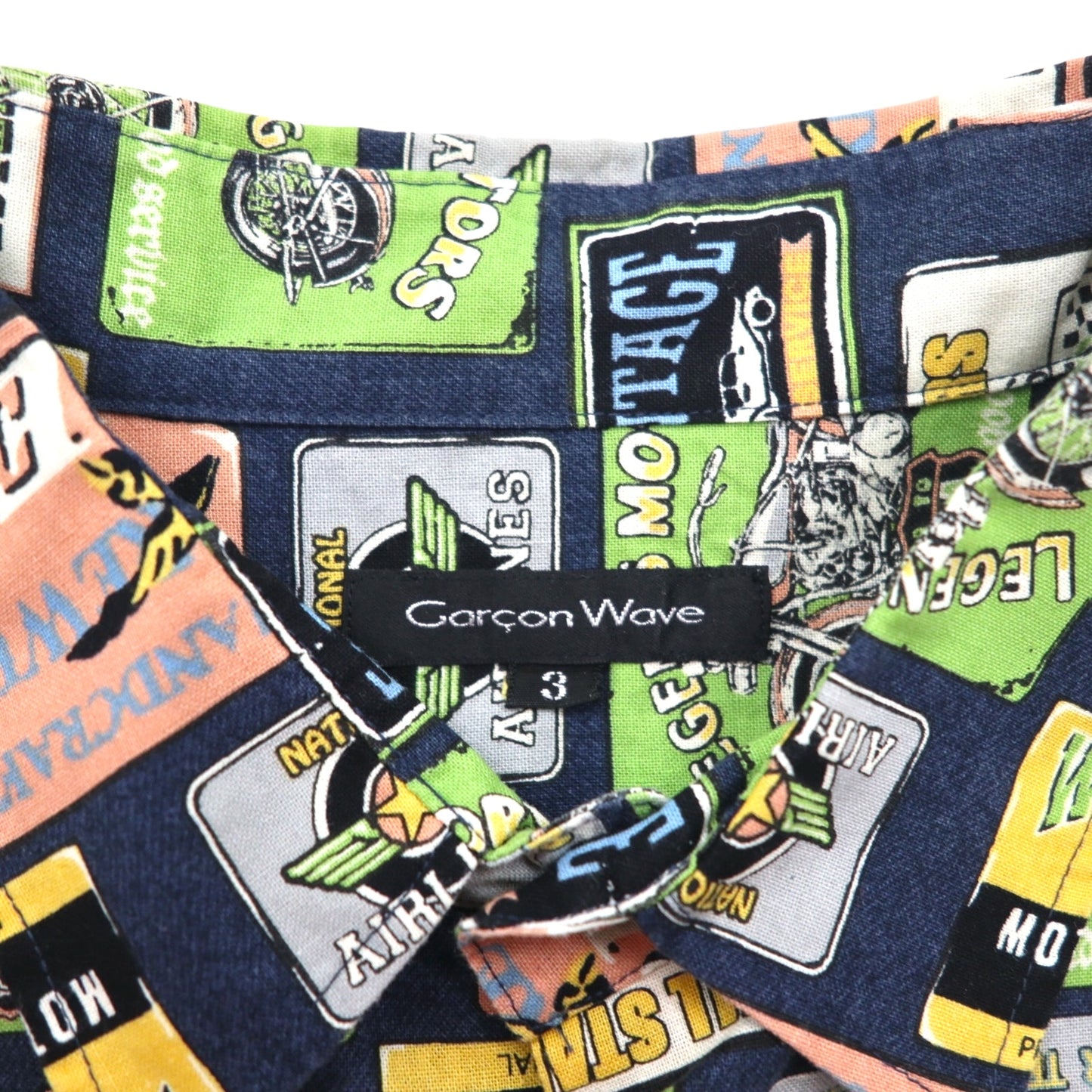 Garcon Wave 90s Retro American Short Sleeve Shirt, Size L, Multicolor, All-Over Print, Cotton, Made in Japan