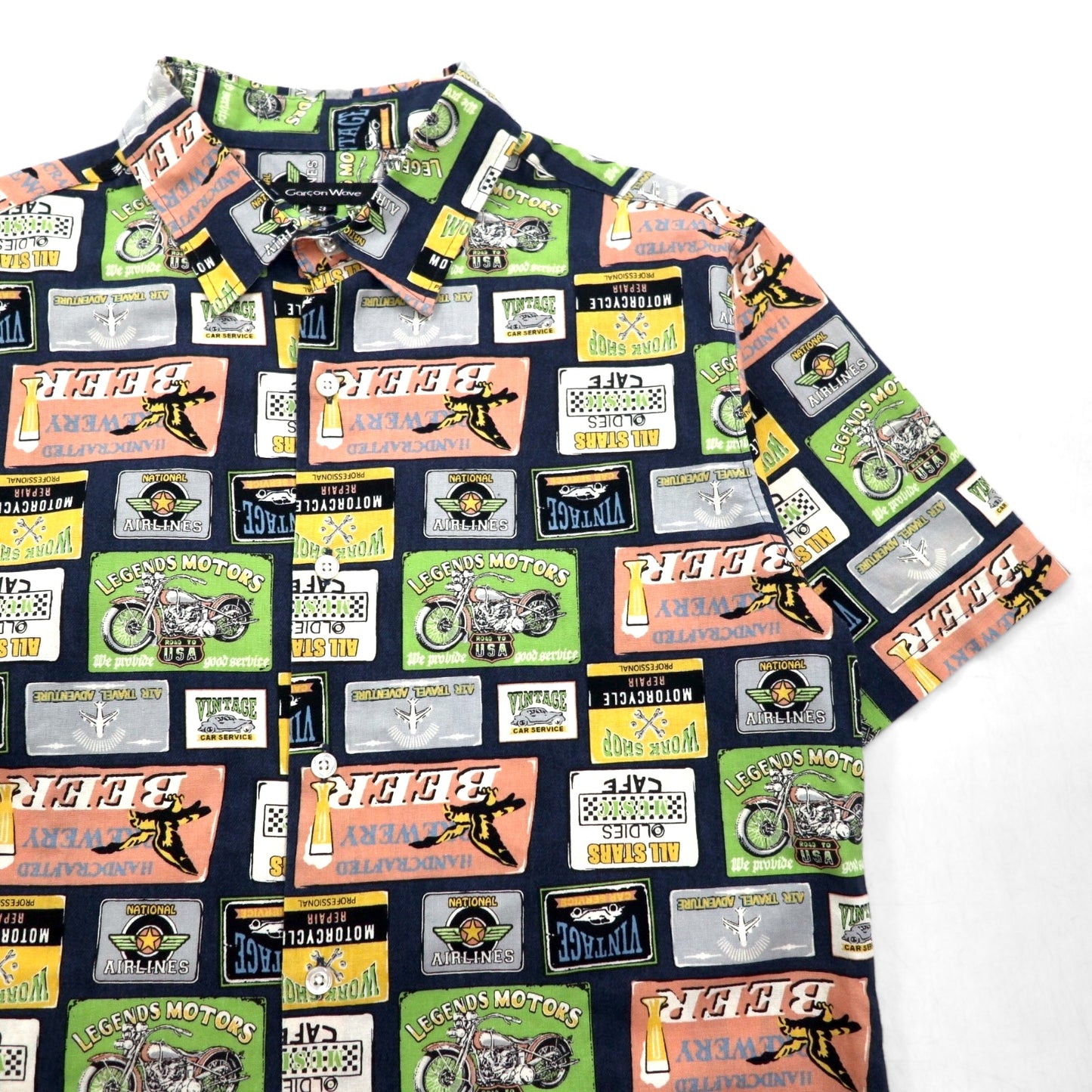 Garcon Wave 90s Retro American Short Sleeve Shirt, Size L, Multicolor, All-Over Print, Cotton, Made in Japan