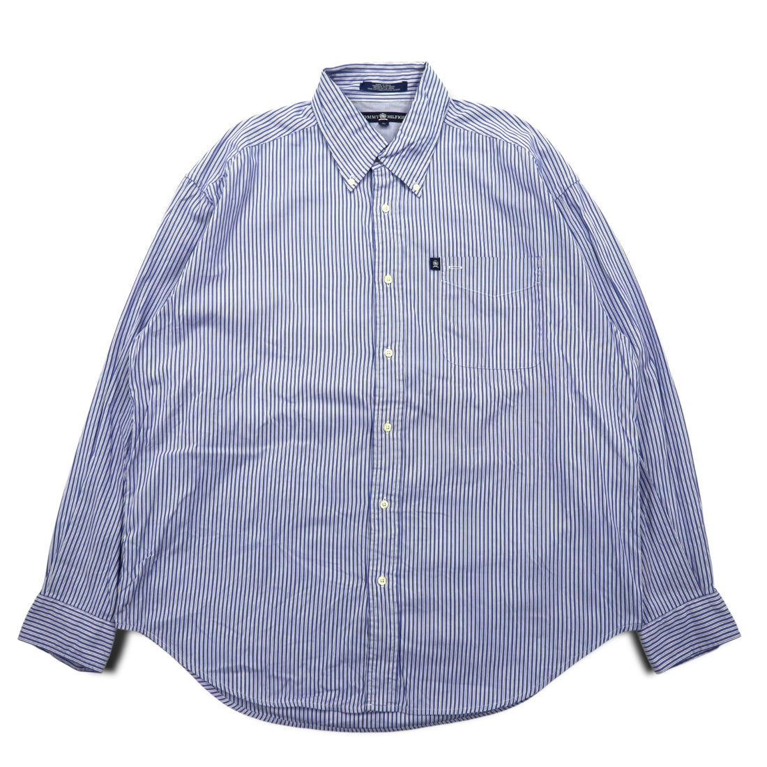 TOMMY HILFIGER 90s Big Size Button Down Shirt L Blue Striped Cotton