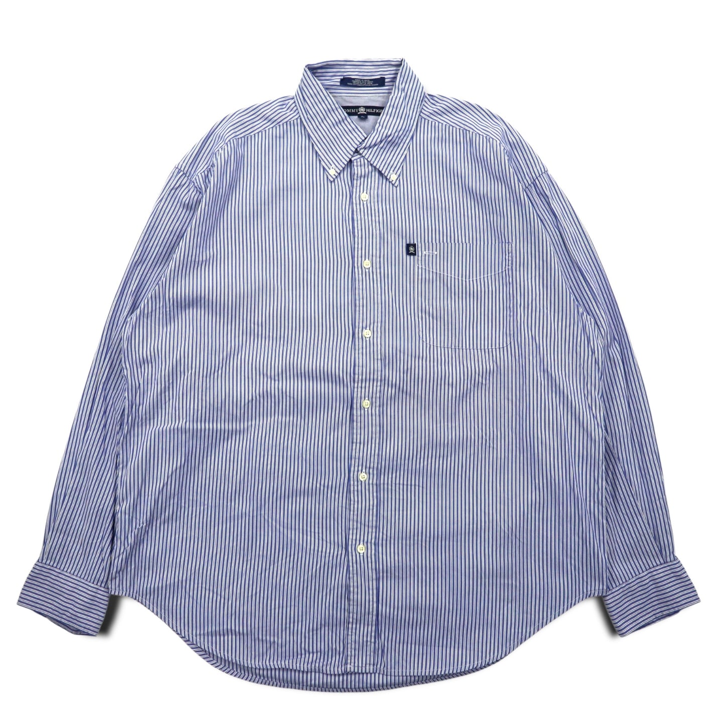 TOMMY HILFIGER 90s Big Size Button Down Shirt L Blue Striped Cotton