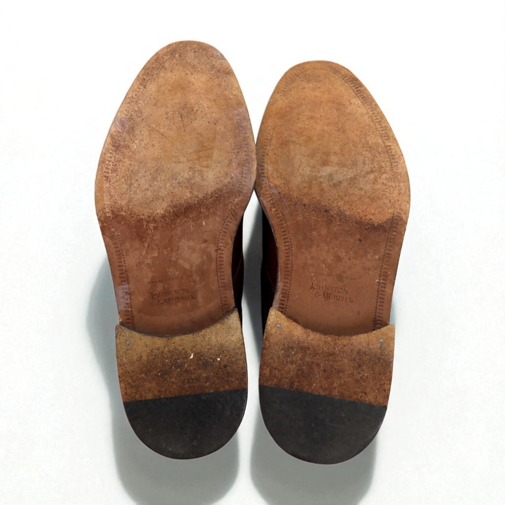 JOHNSTON &amp; MURPHY Italian Handcrafted Plain Toe Dress Shoes, Size 28cm, Brown Leather, 15-1528
