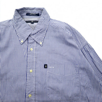 TOMMY HILFIGER 90s Big Size Button Down Shirt L Blue Striped Cotton