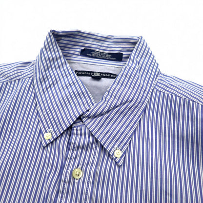 TOMMY HILFIGER 90s Big Size Button Down Shirt L Blue Striped Cotton