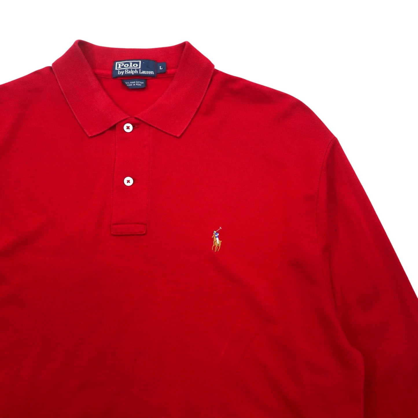 Polo by Ralph Lauren 90s Long Sleeve Polo Shirt L Red Pima Cotton Piqué Small Pony Embroidery Made in Peru