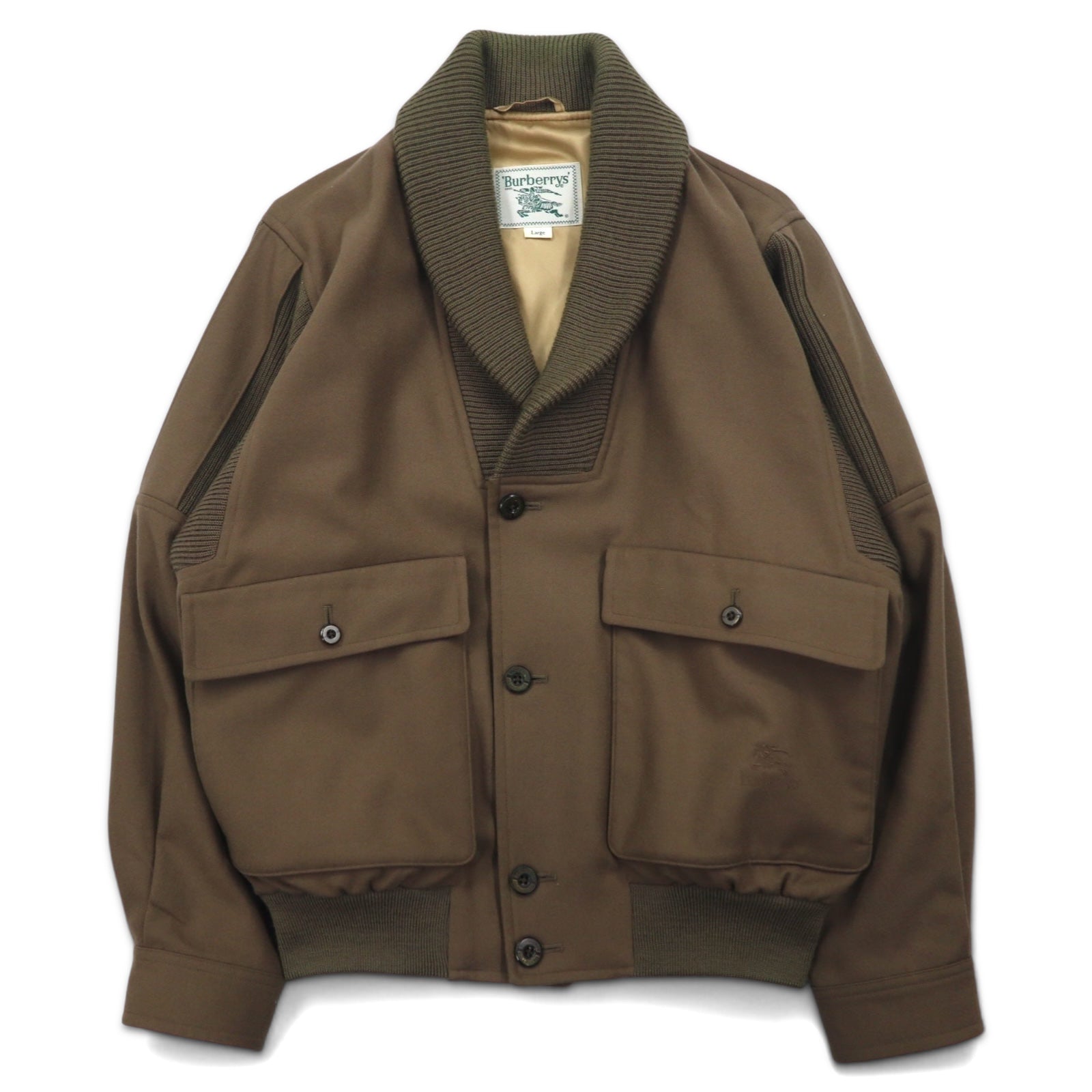 Burberrys Shawl Collar A-1 Military Jacket Blouson L Brown Ribbed Wool Knit Logo Embroidery