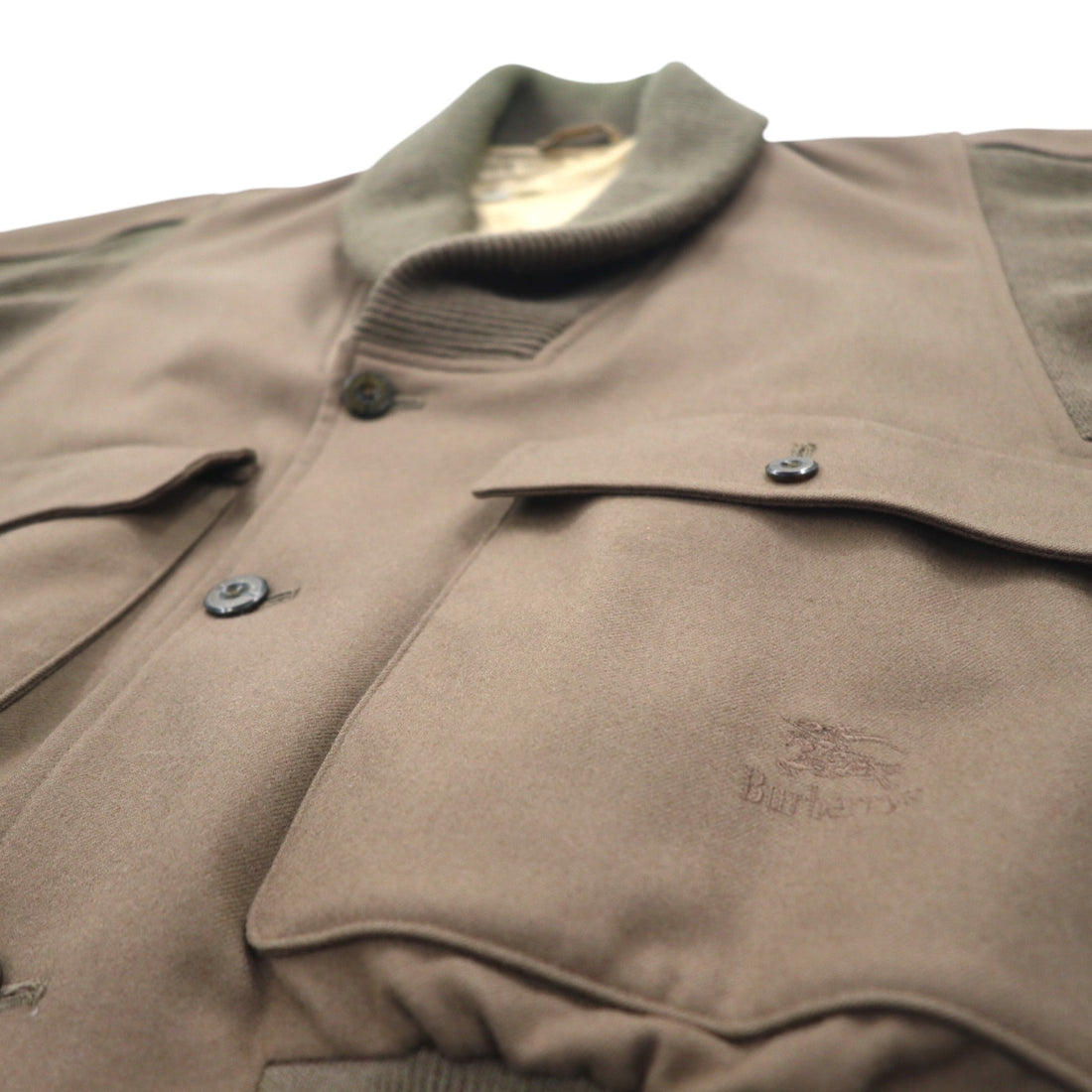 Burberrys Shawl Collar A-1 Military Jacket Blouson L Brown Ribbed Wool Knit Logo Embroidery