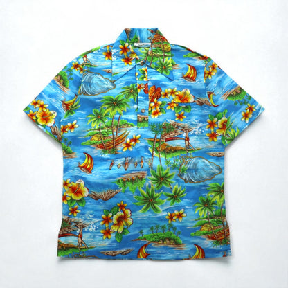 Pennys Hawaii 70s Pullover Aloha Shirt, Size L, Blue, Polyester, Collar, All-Over Print, Beach