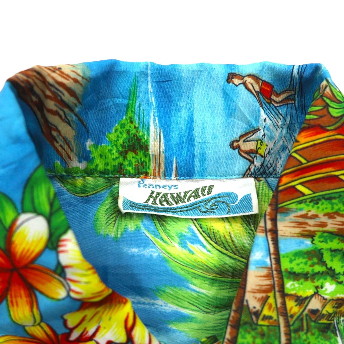 Pennys Hawaii 70s Pullover Aloha Shirt, Size L, Blue, Polyester, Collar, All-Over Print, Beach