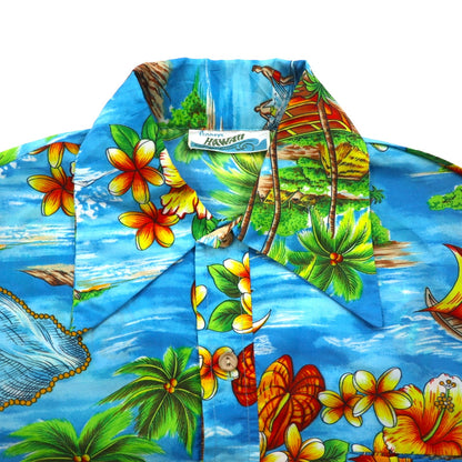 Pennys Hawaii 70s Pullover Aloha Shirt, Size L, Blue, Polyester, Collar, All-Over Print, Beach
