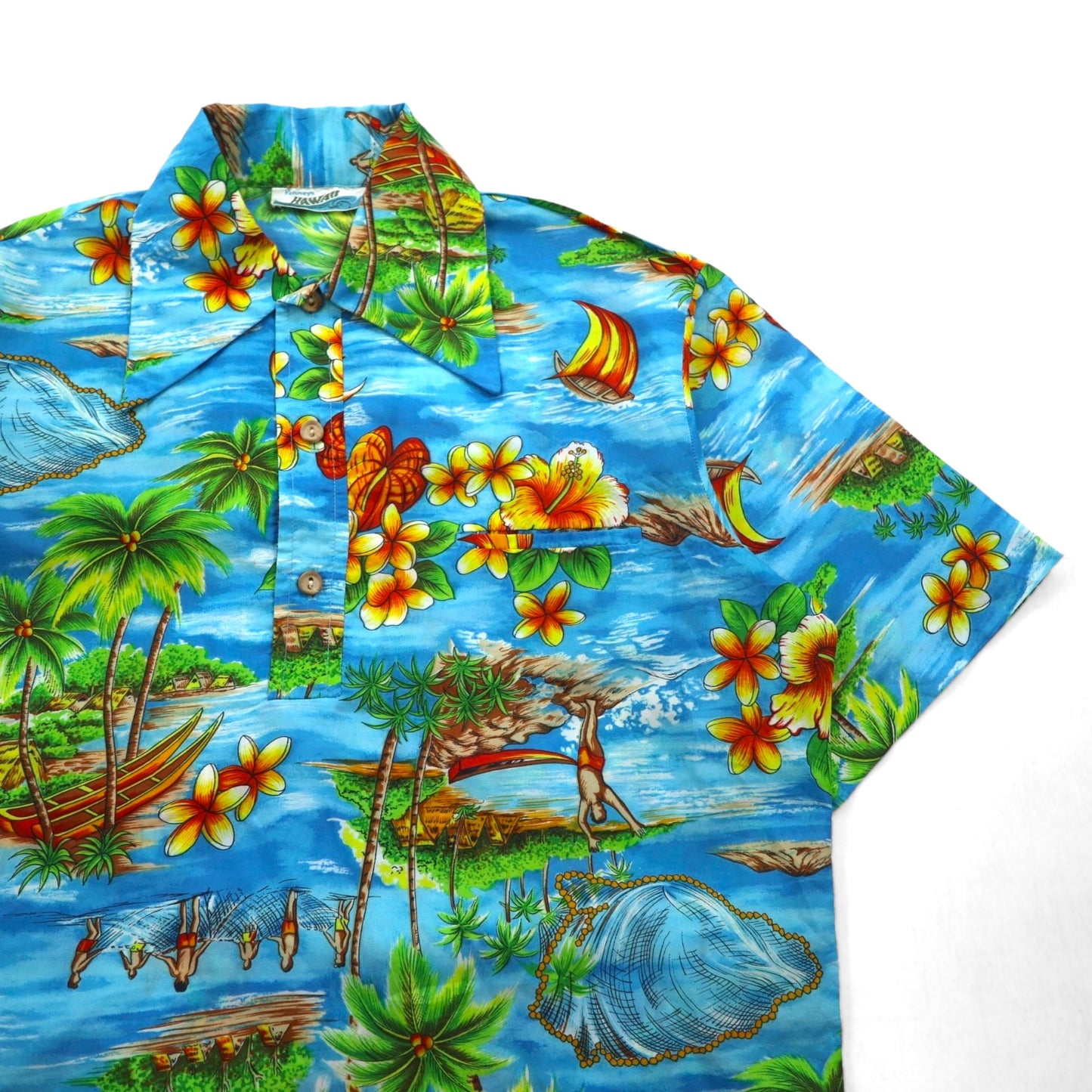 Pennys Hawaii 70s Pullover Aloha Shirt, Size L, Blue, Polyester, Collar, All-Over Print, Beach