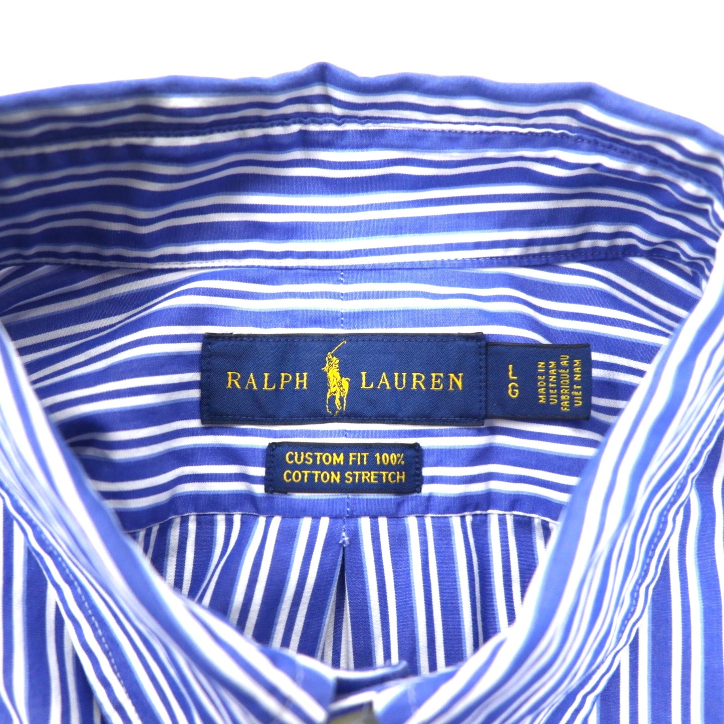RALPH LAUREN ボタンダウンシャツ L ブルー ストライプ コットン ストレッチ CUSTOM FIT スモールポニー刺繍