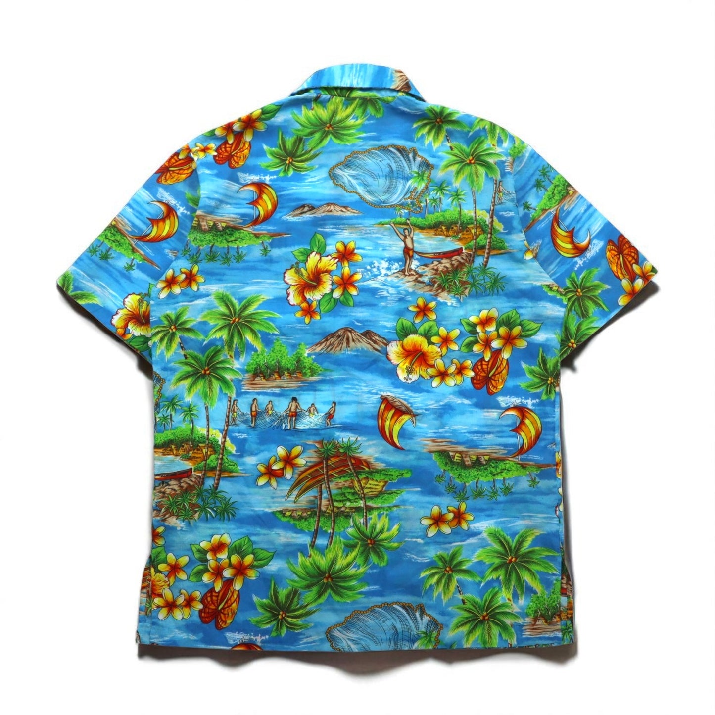 Pennys Hawaii 70s Pullover Aloha Shirt, Size L, Blue, Polyester, Collar, All-Over Print, Beach