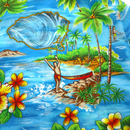 Pennys Hawaii 70s Pullover Aloha Shirt, Size L, Blue, Polyester, Collar, All-Over Print, Beach