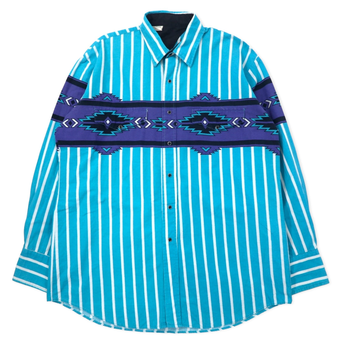 日本然リトテ-古着オンライン-Vintage Western Shirts USA製 ヴィンテージ ウエスタンシャツ L ブルー ストライプ チマヨ柄 コットン ビッグサイズ-Vintage Western Shirts USA Made Vintage Western Shirt L Blue Striped Chimayo Pattern Cotton Big Size