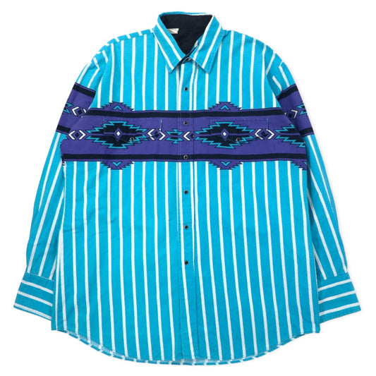 日本然リトテ-古着オンライン-Vintage Western Shirts USA製 ヴィンテージ ウエスタンシャツ L ブルー ストライプ チマヨ柄 コットン ビッグサイズ-Vintage Western Shirts USA Made Vintage Western Shirt L Blue Striped Chimayo Pattern Cotton Big Size