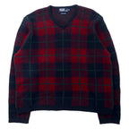 日本然リトテ-古着オンライン-Polo by Ralph Lauren Vネック ニット セーター XL ネイビー チェック ラムウール-POLO BY RALPH LAUREN V neck knit sweater XL navy checked lamb wool
