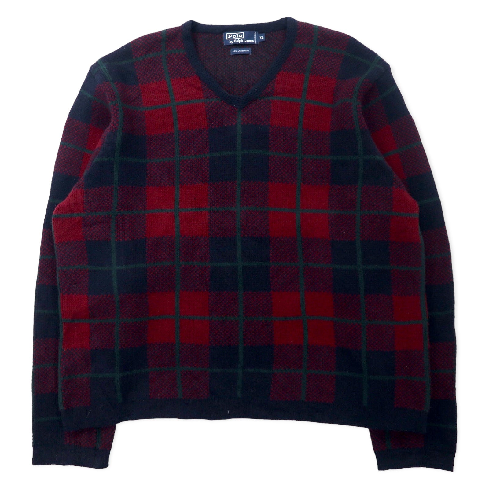 日本然リトテ-古着オンライン-Polo by Ralph Lauren Vネック ニット セーター XL ネイビー チェック ラムウール-POLO BY RALPH LAUREN V neck knit sweater XL navy checked lamb wool
