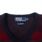Polo by Ralph Lauren Vネック ニット セーター XL ネイビー チェック ラムウール