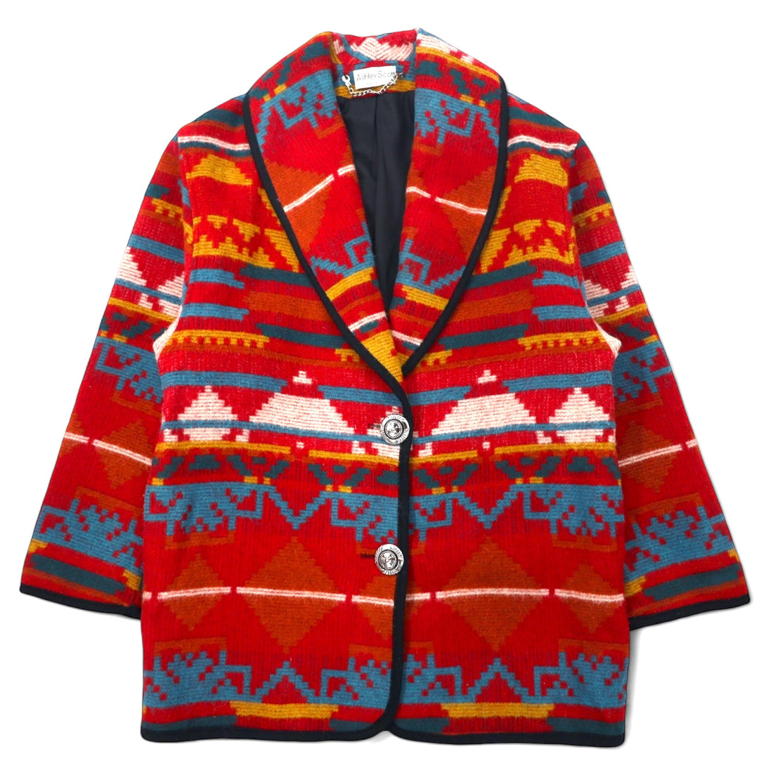日本然リトテ-古着オンライン-USA製 80年代 Ashley Scott チマヨ柄 ショールカラー ラグジャケット XL レッド ネイティブ ウール コンチョボタン-USA Made 80's Ashley Scott Chimayo Pattern Shawl Collar Rag Jacket XL Red Native Wool Concho Button