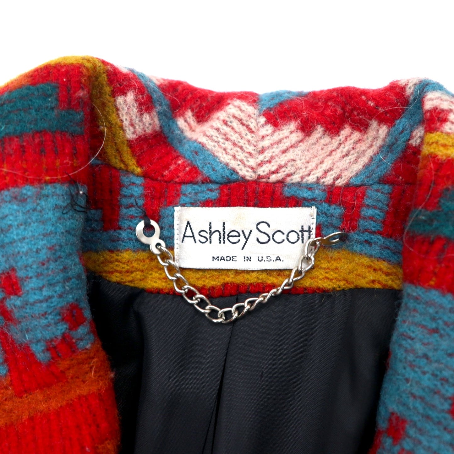 USA製 80年代 Ashley Scott チマヨ柄 ショールカラー ラグジャケット XL レッド ネイティブ ウール コンチョボタン