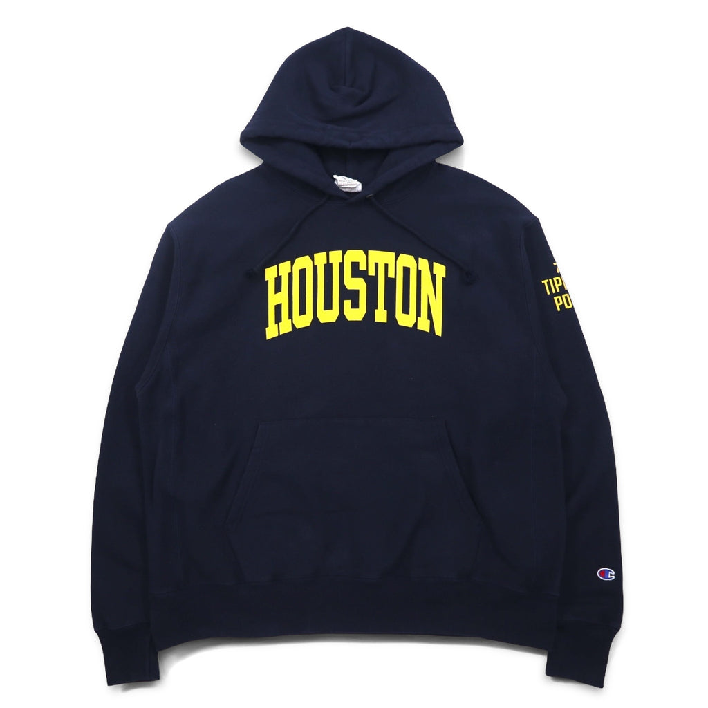 Champion Reverse Weave Pullover Hoodie, 3XL, Navy, Cotton, Fleece Lining, HOUSTON Arch Logo, Blue Single Tag, Reprint, Made in Honduras