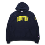 Champion Reverse Weave Pullover Hoodie, 3XL, Navy, Cotton, Fleece Lining, HOUSTON Arch Logo, Blue Single Tag, Reprint, Made in Honduras