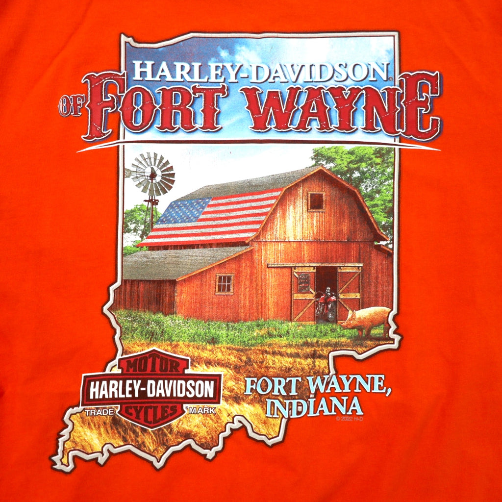 HARLEY DAVIDSON Logo Print T-Shirt Pocket Tee 2XL Orange Cotton FORT WAYNE, INDIANA Big Size