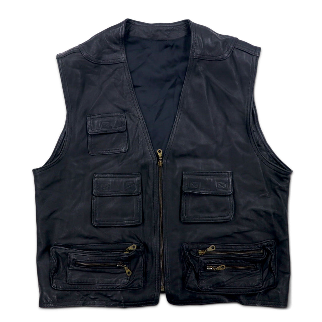 Vintage Leather Hunting Vest Utility Leather Hunting Vest L Black Zip Up