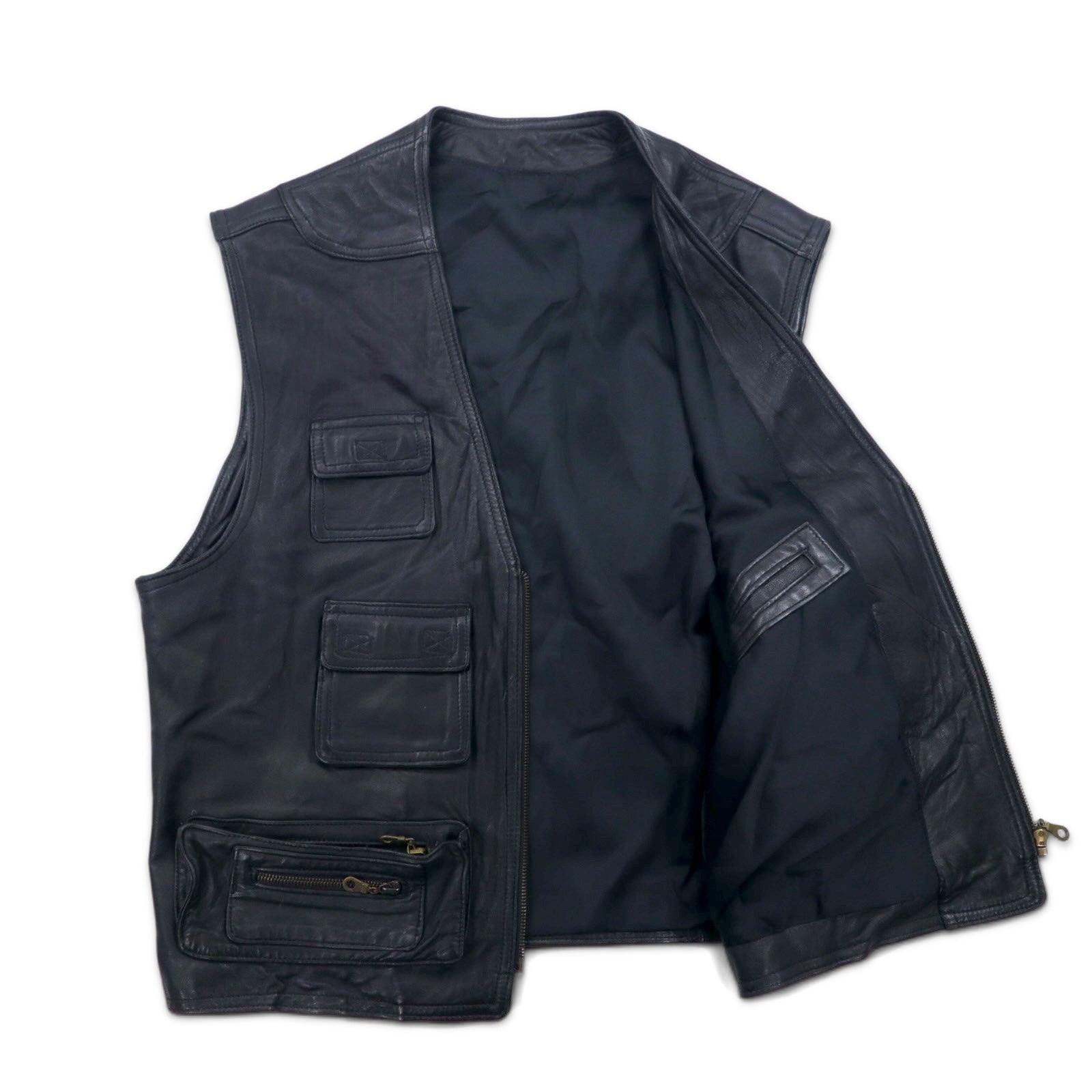 Vintage Leather Hunting Vest Utility Leather Hunting Vest L Black Zip Up