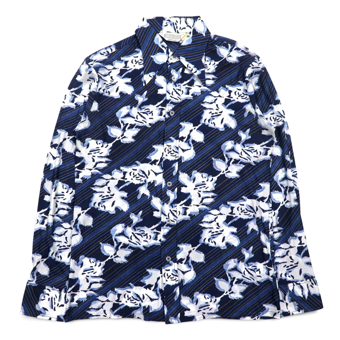 Sears 70s Made in Canada Long Collar Print Shirt Poly Shirt L Navy Floral Collar Stuffer CHEMISE SPORT