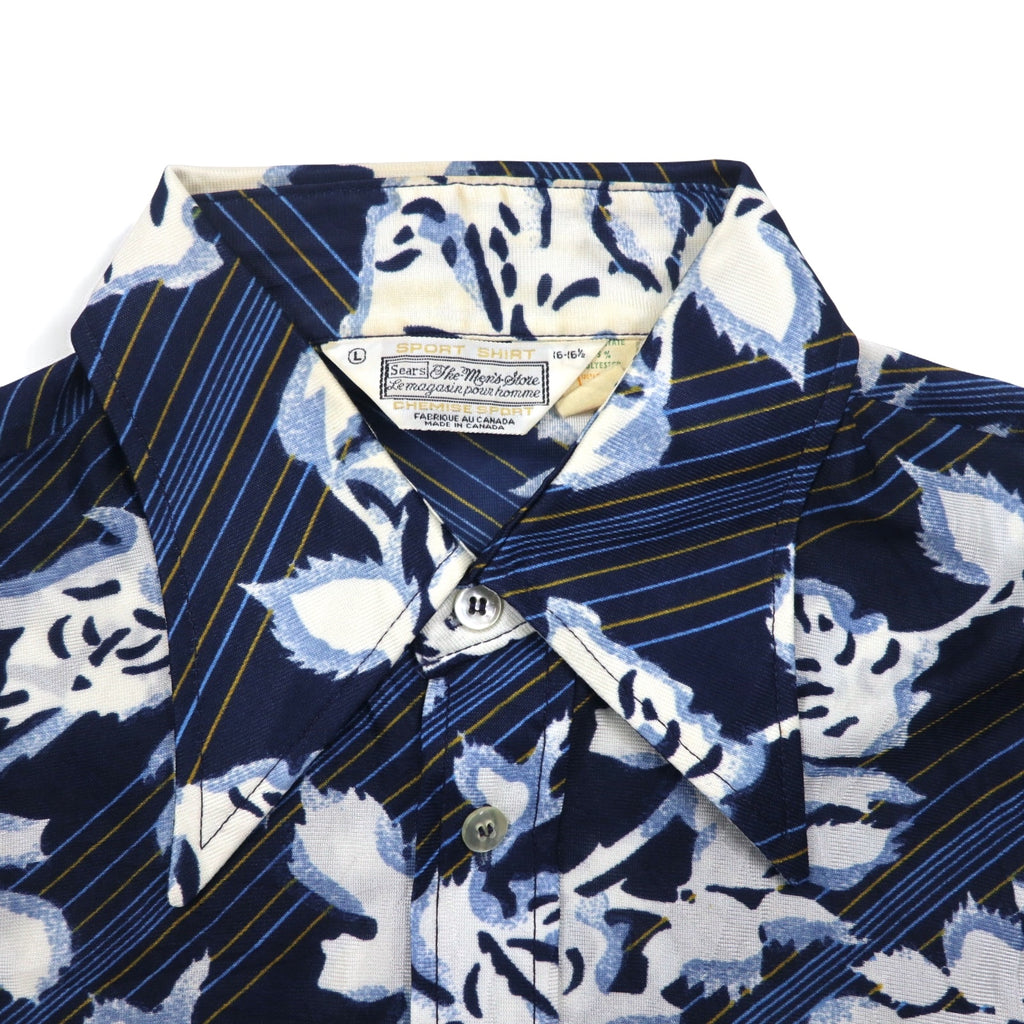 Sears 70年代 カナダ製 ロングカラー 総柄シャツ ポリシャツ L ネイビー 花柄 衿芯 CHEMISE SPORT