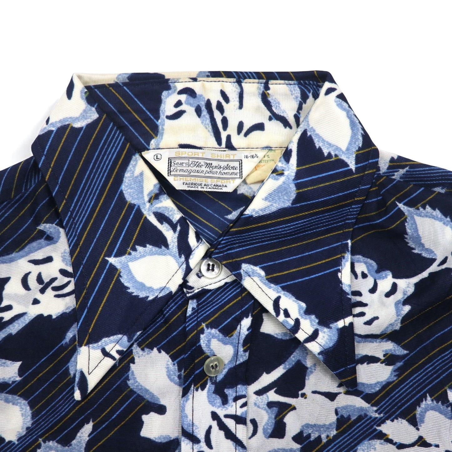 Sears 70s Made in Canada Long Collar Print Shirt Poly Shirt L Navy Floral Collar Stuffer CHEMISE SPORT