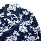 Sears 70年代 カナダ製 ロングカラー 総柄シャツ ポリシャツ L ネイビー 花柄 衿芯 CHEMISE SPORT