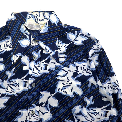 Sears 70s Made in Canada Long Collar Print Shirt Poly Shirt L Navy Floral Collar Stuffer CHEMISE SPORT