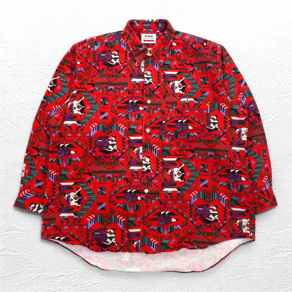Vintage Japan Made Retro Shirt CALICO BALL Native American Print Shirt FREE Red Made in Japan