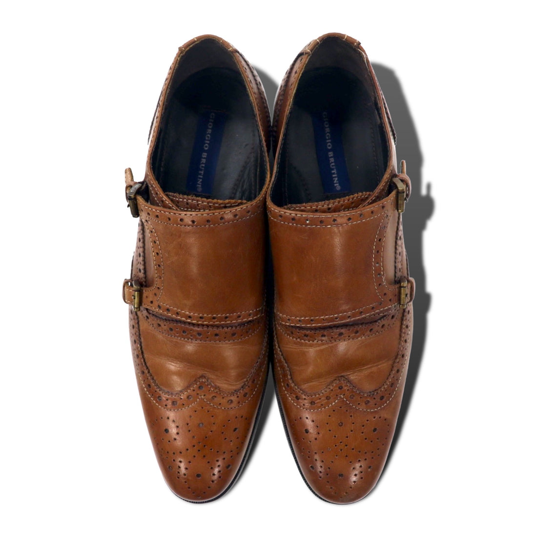 GIORGIO BRUTINI Double Monk Strap Wingtip Dress Shoes 28cm Brown Leather Medallion 248764-1