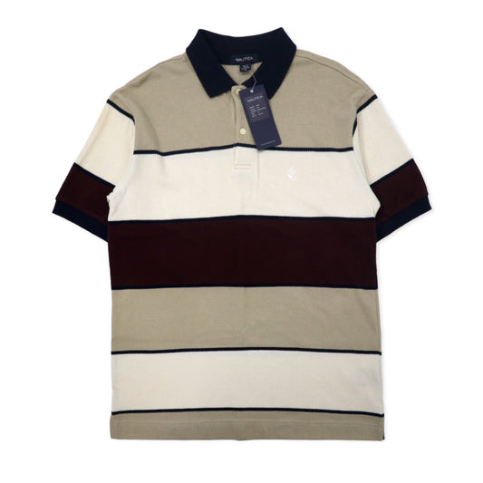 日本然リトテ-古着オンライン-NAUTICA 鹿の子 ニット ポロシャツ M ベージュ ボーダー コットン 未使用品-NAUTICA Pique Knit Polo Shirt M Beige Striped Cotton Unused