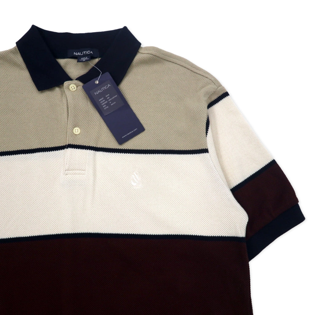 NAUTICA Pique Knit Polo Shirt, Size M, Beige, Striped, Cotton, Unused