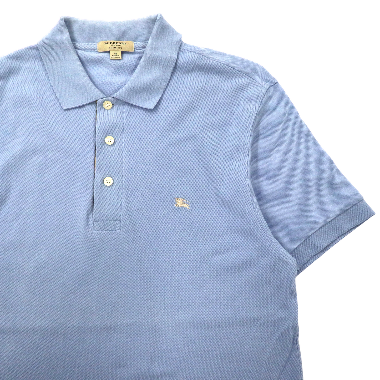 BURBERRY ポロシャツ M ブルー コットン ノバチェック切替 SLIM FIT ワンポイントロゴ刺繍
