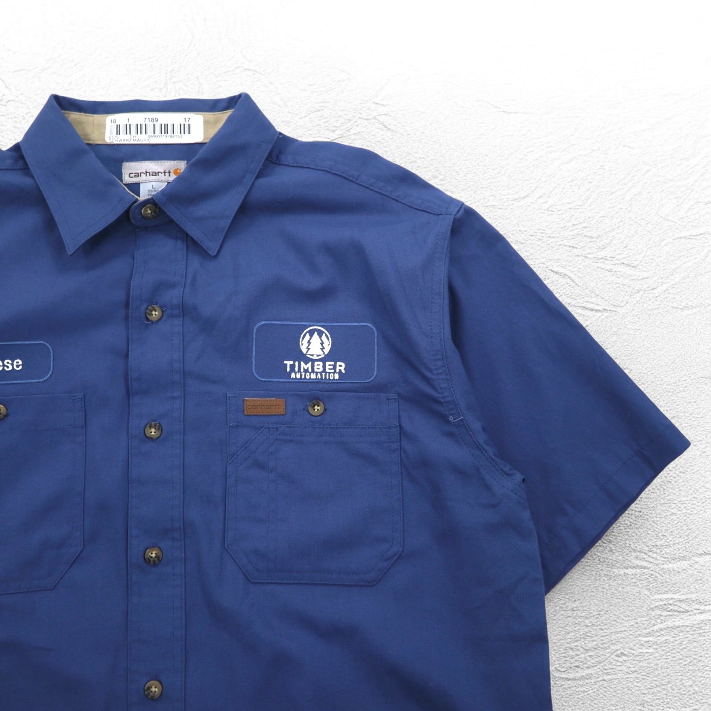 carhartt 半袖 ワークシャツ L ネイビー 胸ポケット US企業 刺繍 TIMBER AUTOMATION 384-19