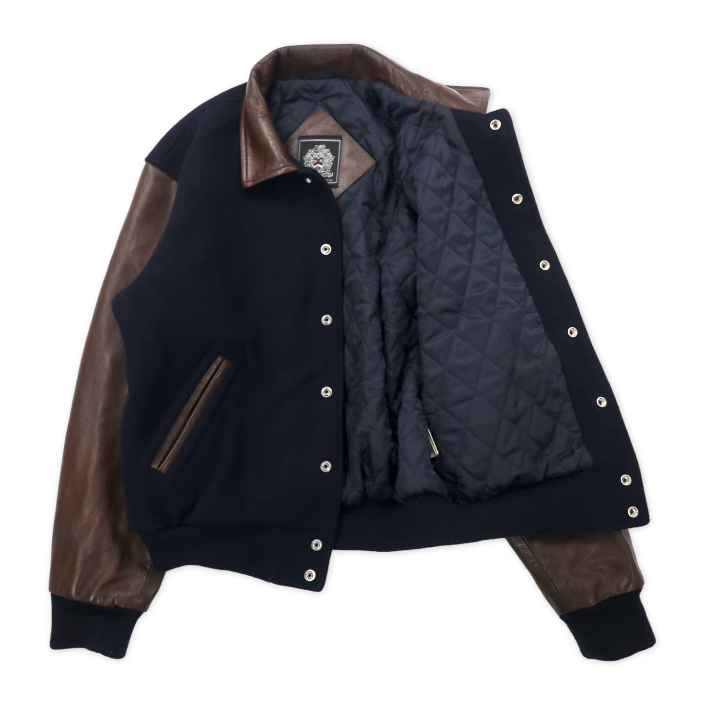 VAN -JAC -Sleeve Leather Varsity Jacket L Navy Brown Wool Horse