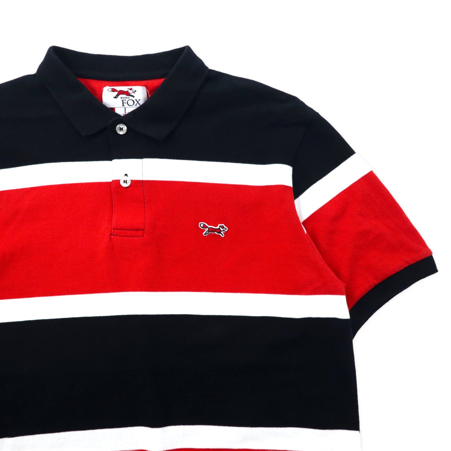 RETRO FOX ボーダー ポロシャツ L レッド ブラック コットン ワンポイントロゴ キツネ